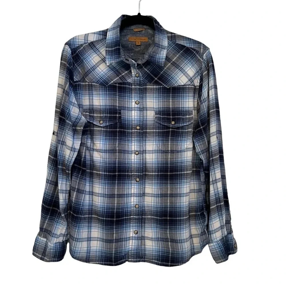 JACHS Girlfriend Bea Snap Front Blue White Plaid Shirt Women’s Size Medium - Picture 2 of 5